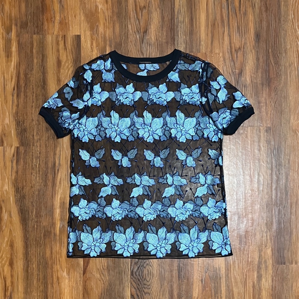 Elie Tahari Embroidered Sheer Mesh Floral Top - Black & Periwinkle Blue - Size S